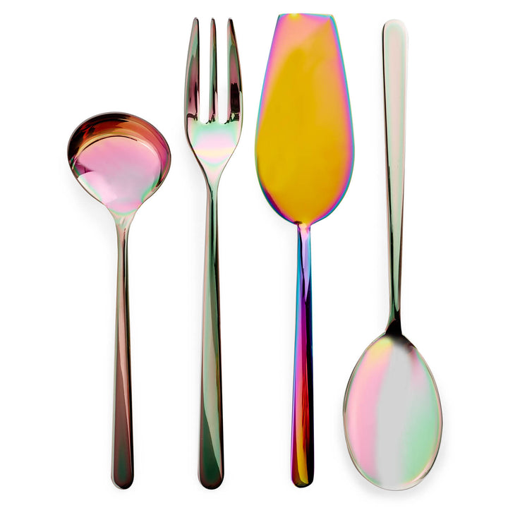 Iridescent flatware set with rainbow effect on white background