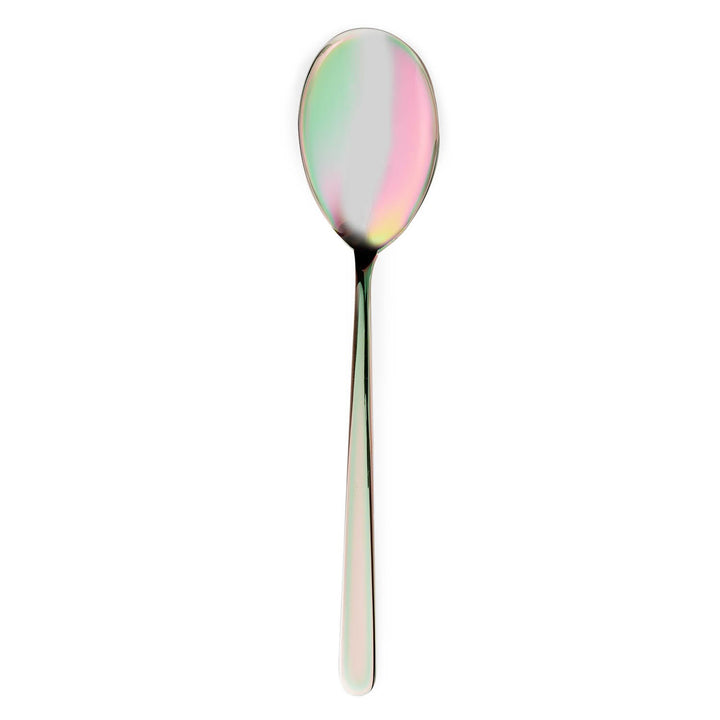 Iridescent spoon with pearlescent sheen, traditional design, white background.