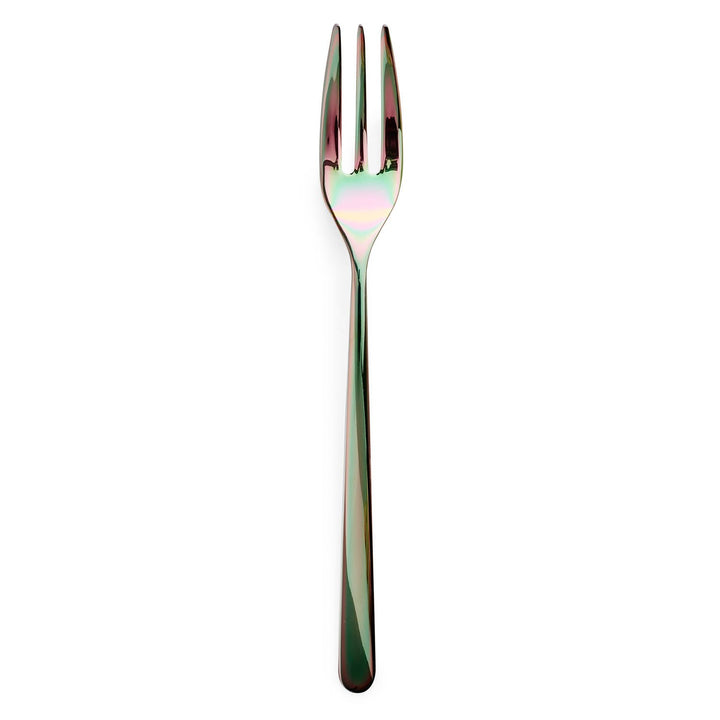 Iridescent spork with fork and spoon features for versatile eating.