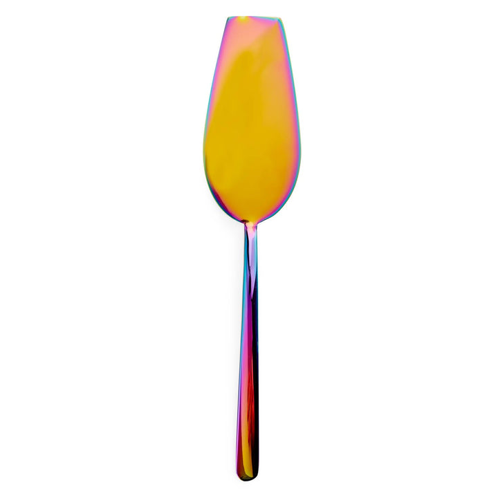 Iridescent spoon with pink, blue, purple hues against white background.