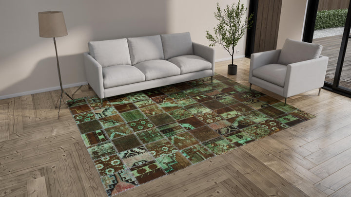 Green Vintage Patchwork Wool Rug - 8' x 10'