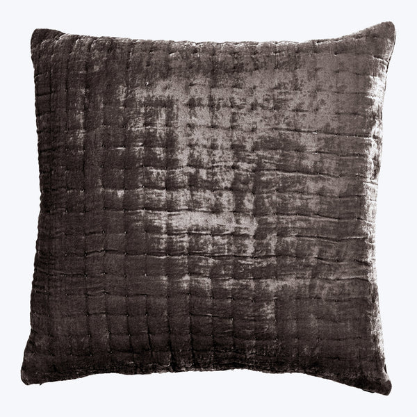 Modern gray square pillow with textured fabric, sleek design detail.