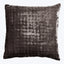 Modern gray square pillow with textured fabric, sleek design detail.