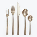 Five pieces of flatware in sleek brushed metal design set.