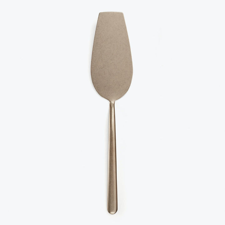 Stainless steel cake server with elongated handle on white background.