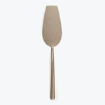 Stainless steel cake server with elongated handle on white background.