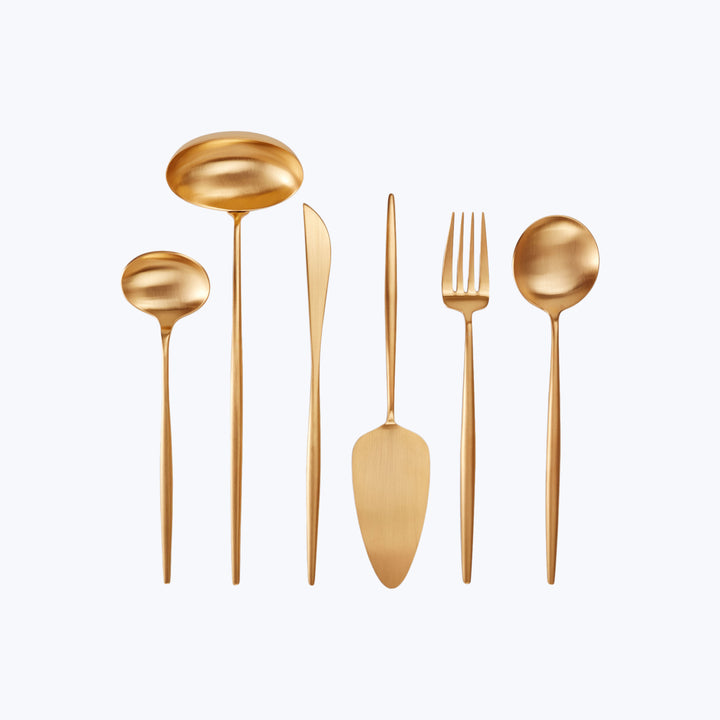 Six elegant gold cutlery pieces on light background, modern design.