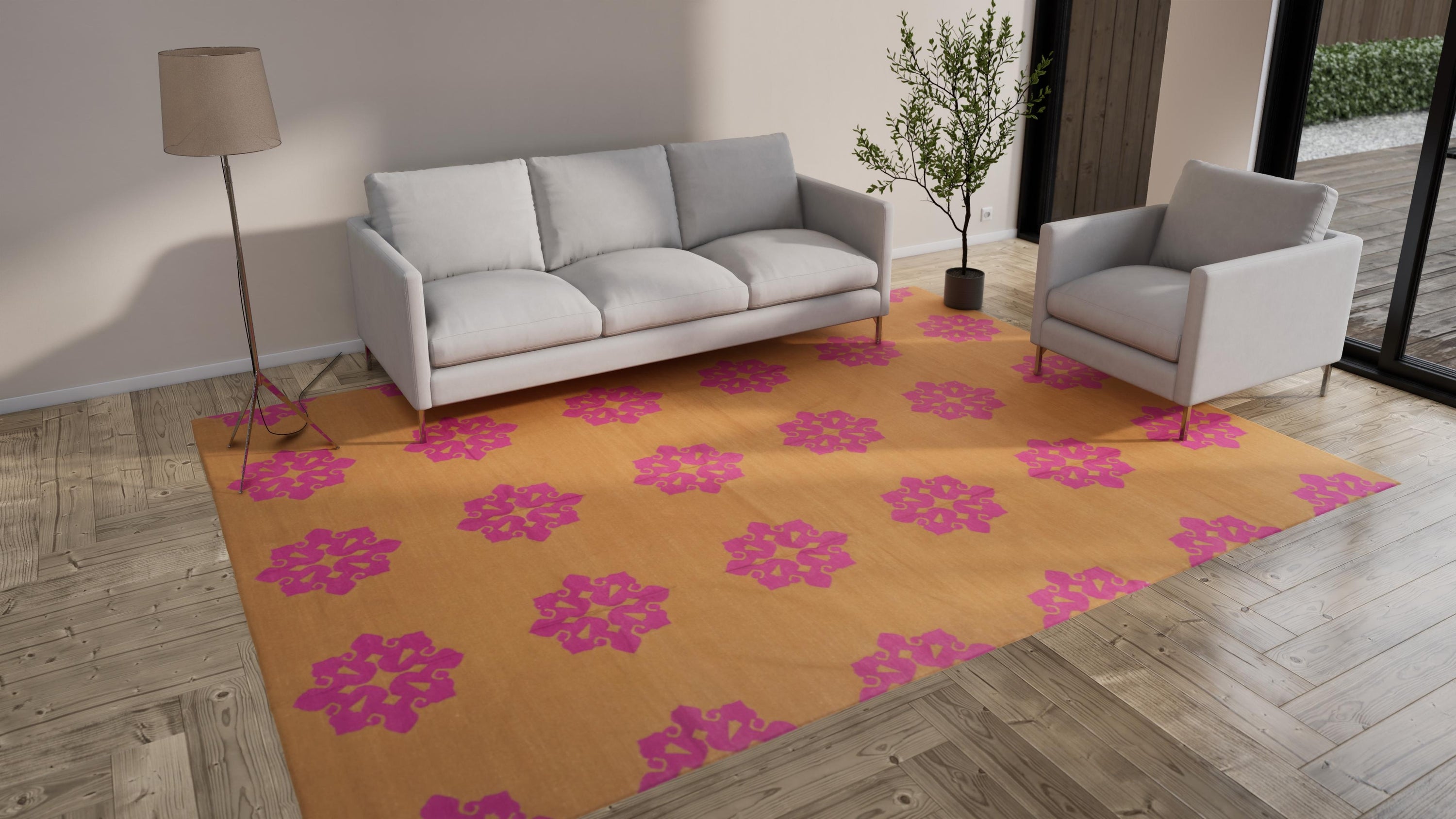 Tan & Pink Floral Dhurrie Cotton Rug - 8'10" x 11'10"