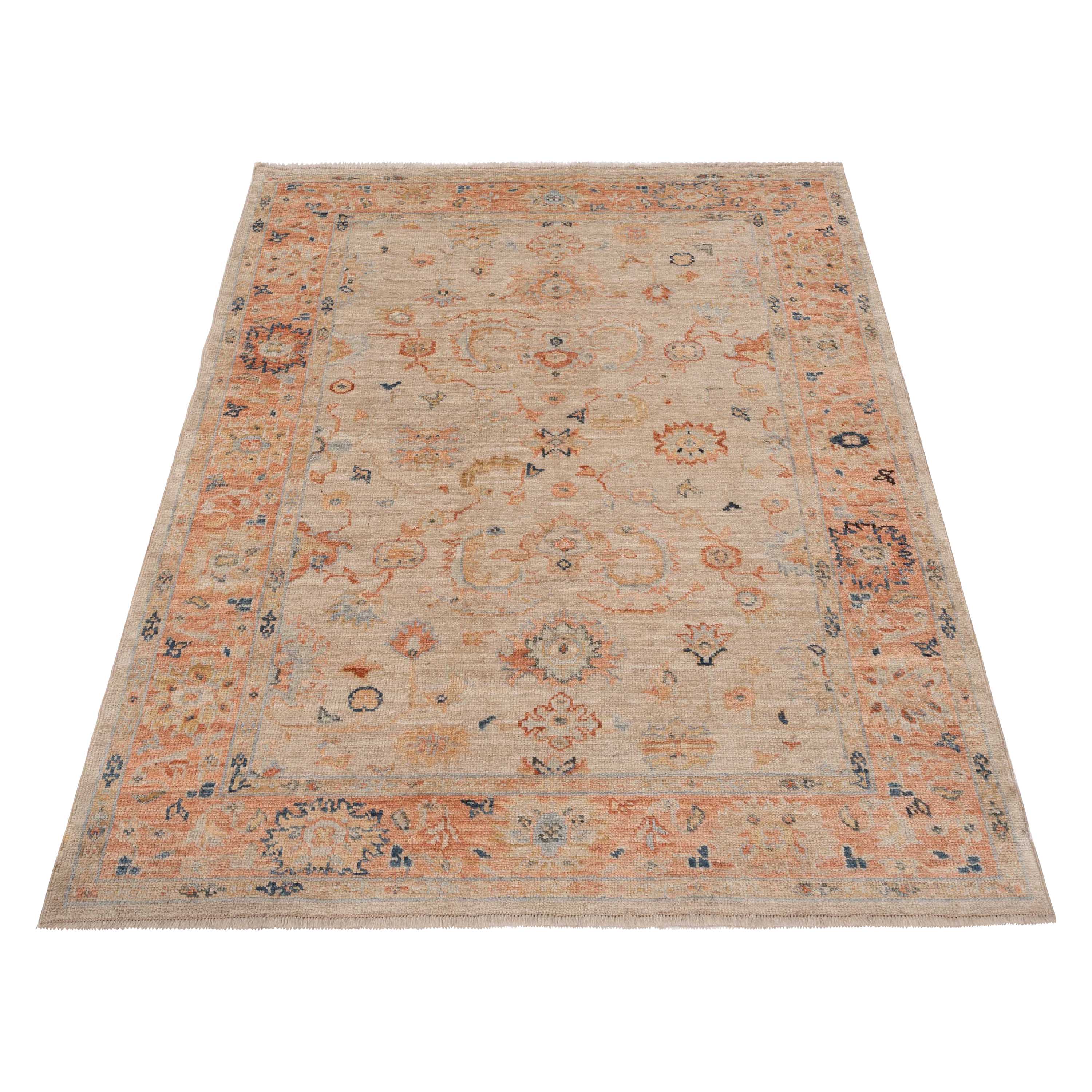 Beige & Orange Traditional Turkish Oushak Wool Rug - 4'11" x 6'8"