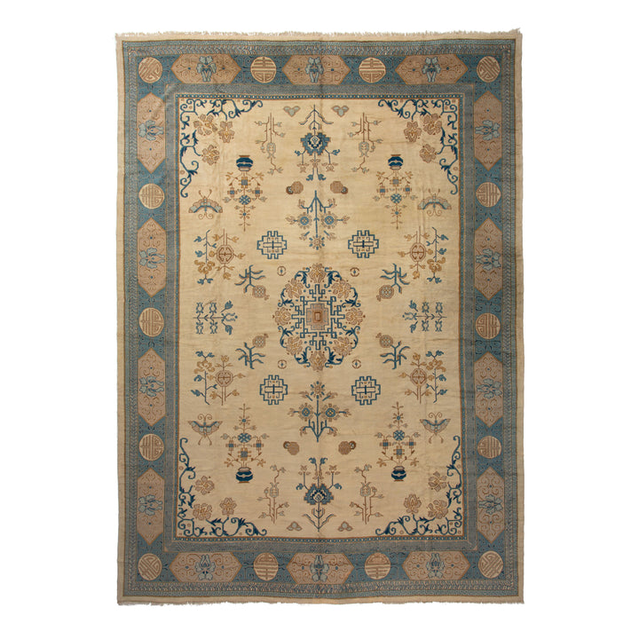 Blue Art Deco Vintage Traditional Wool Rug - 14'1" x 19'6"