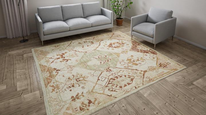 Beige Traditional Wool Rug - 8' x 8'8"