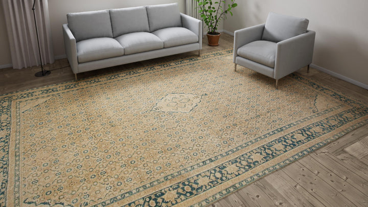 Beige Vintage Persian Tabriz Rug - 9'10" x 13'7"