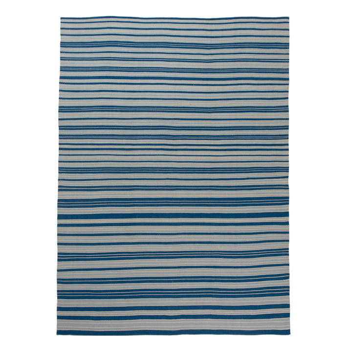 Blue and White Striped Flatweave Cotton Rug - 9' x 12'2"