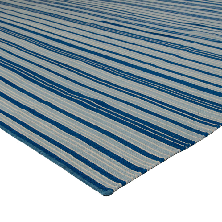 Blue and White Striped Flatweave Cotton Rug - 9' x 12'2"