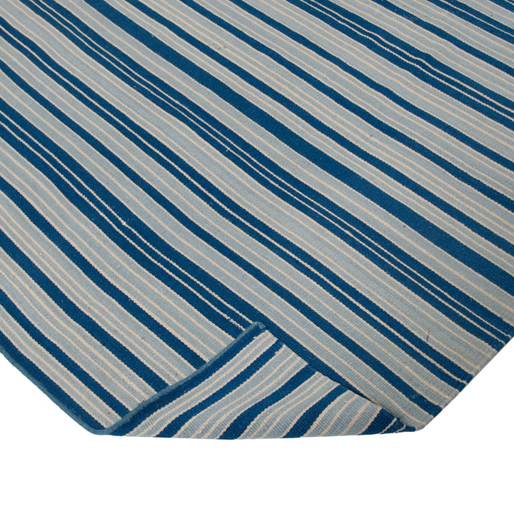 Blue and White Striped Flatweave Cotton Rug - 9' x 12'2"