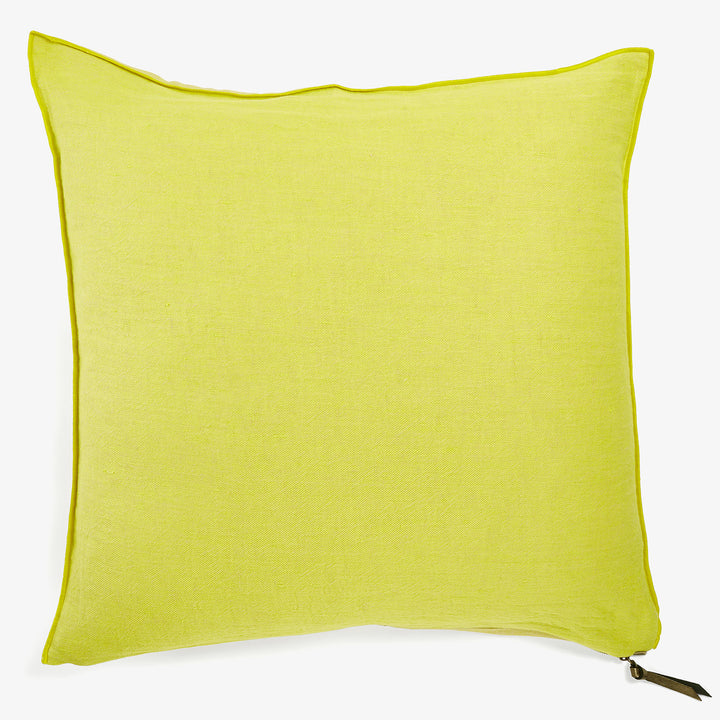 Vibrant lime green cushion with visible zipper in classic design.