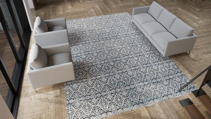 Blue Transitional Wool Silk Blend Rug - 10'1" x 14'1"