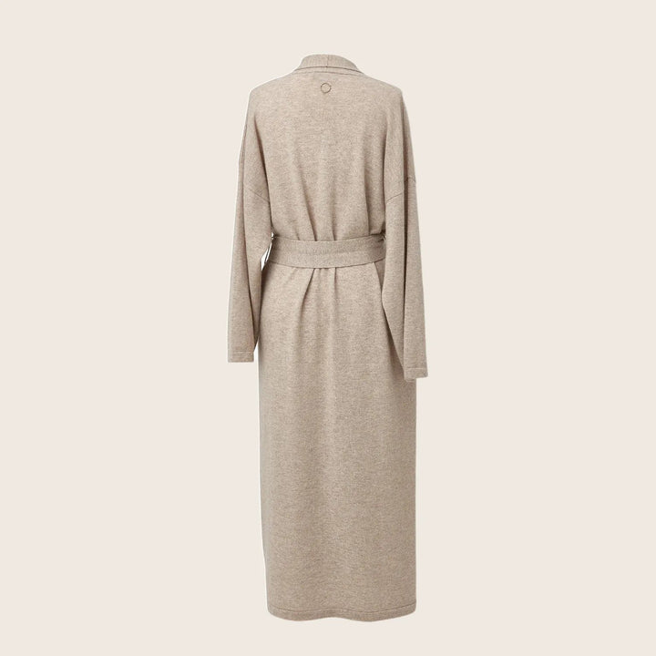 Beige minimalist long coat with notched collar and self-tie belt