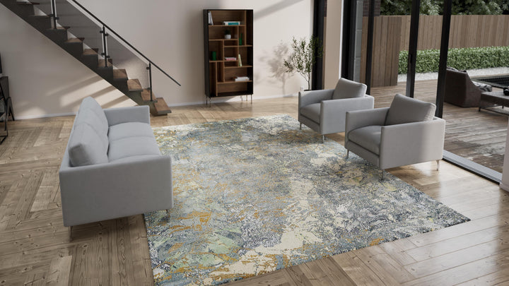 Grey Modern Wool Silk Blend Rug - 10' x 14'