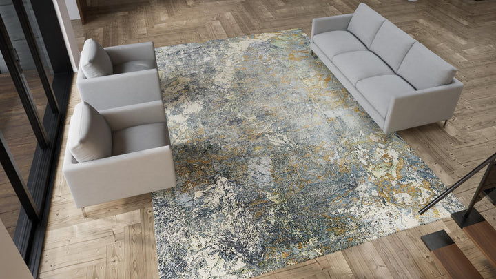 Grey Modern Wool Silk Blend Rug - 10' x 14'