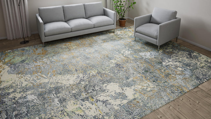 Grey Modern Wool Silk Blend Rug - 10' x 14'