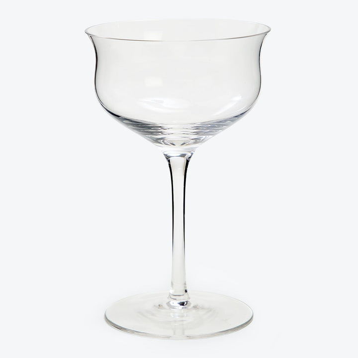 Elegant clear glass with stem on white background, classic design.