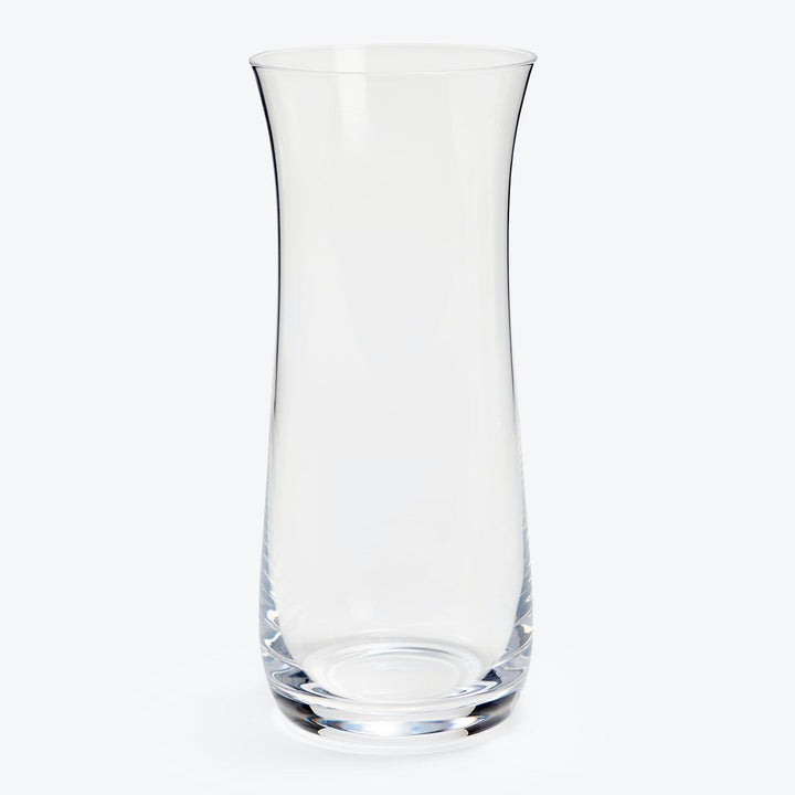 Elegant clear glass vase with tall, flared shape on white background.