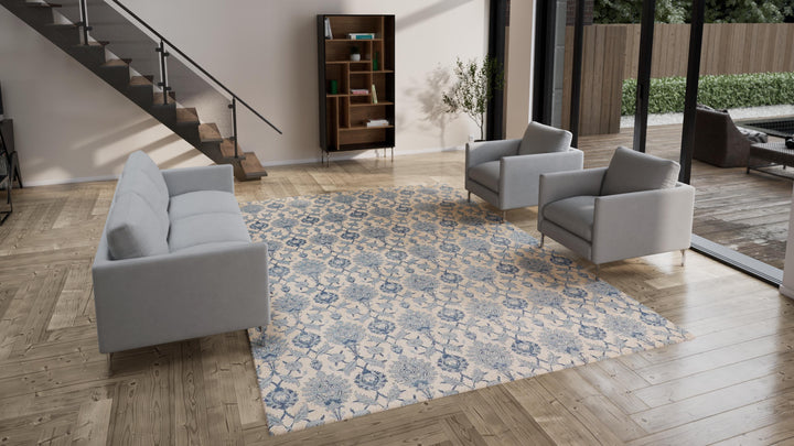 Blue + Cream Transitional Silk Rug - 9'9" x 13'9"