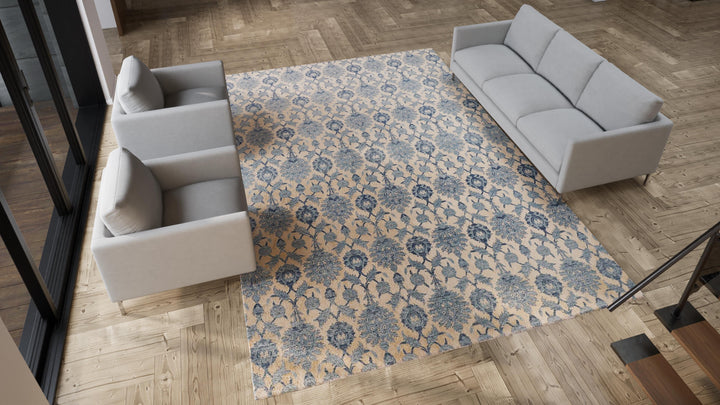 Blue + Cream Transitional Silk Rug - 9'9" x 13'9"