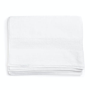 Soft, fluffy light green bath towel with decorative border folded. - hover