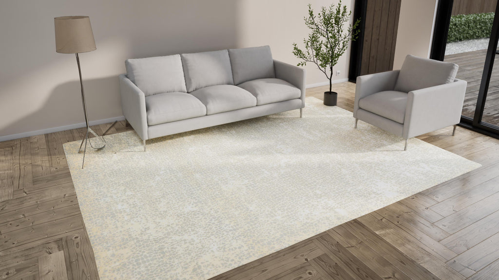 Beige Modern Tibetan Silk Wool Blend Rug - 9’ x 12’