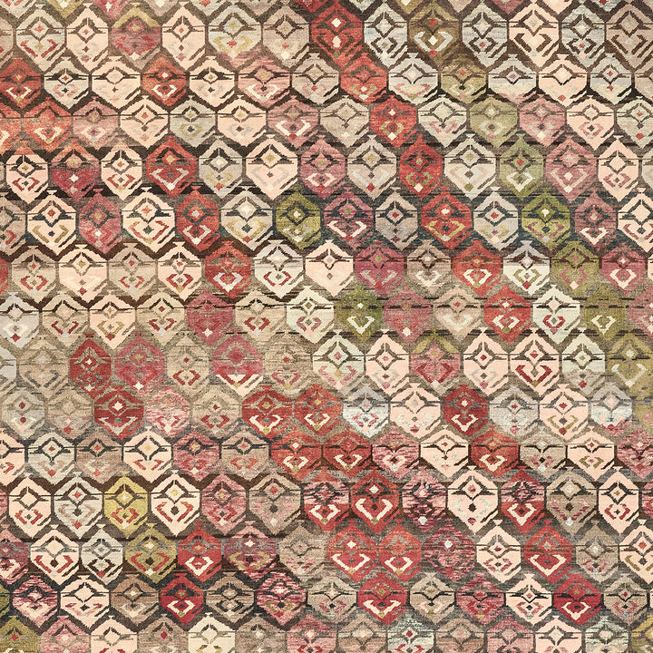 Intricate vintage-style diamond pattern in varied colors on textured surface.