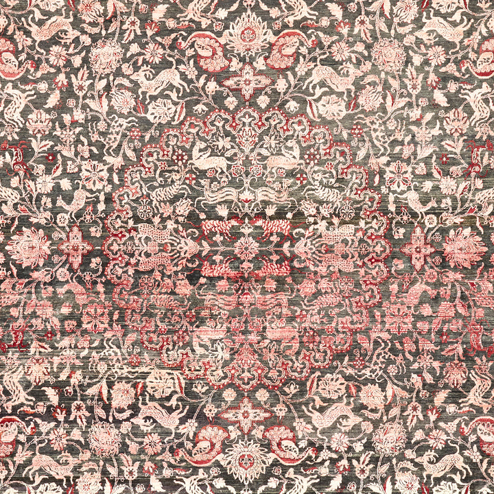 Intricately designed vintage textile featuring floral and animal motifs.