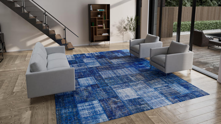 Blue Patchwork Wool Rug - 11'11" x 14'11"