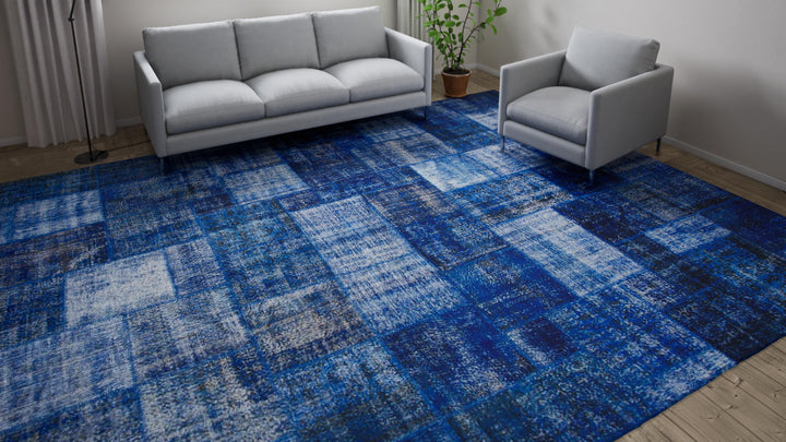 Blue Patchwork Wool Rug - 11'11" x 14'11"