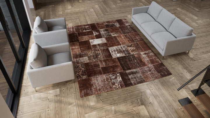 Brown Patchwork Wool Rug - 8' x 10'4"