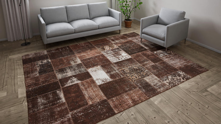 Brown Patchwork Wool Rug - 8' x 10'4"