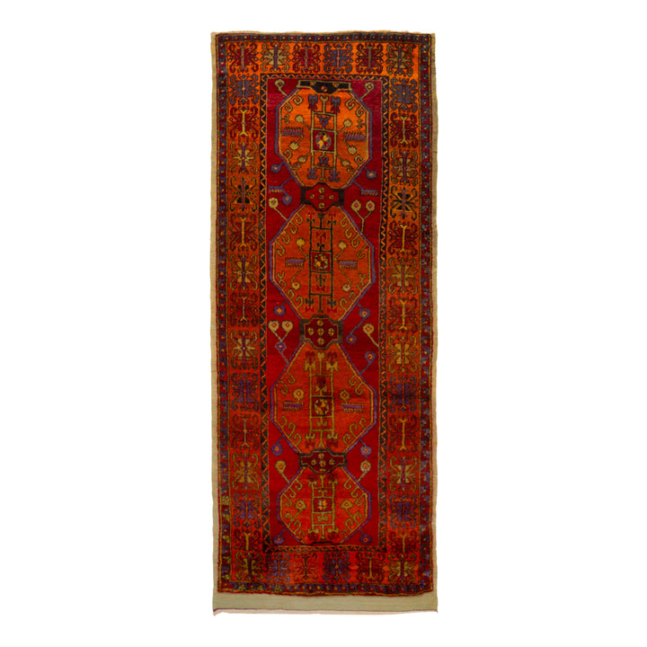 Red Vintage Traditional Anatolian Wool Rug - 4'6" x 11'2"