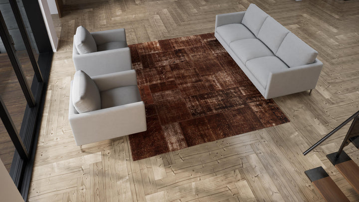 Brown Patchwork Wool Rug - 8'2" x 9'10"