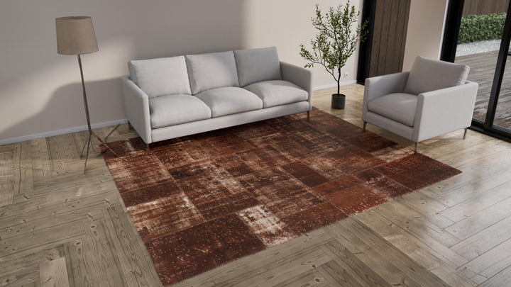 Brown Patchwork Wool Rug - 8'2" x 9'10"