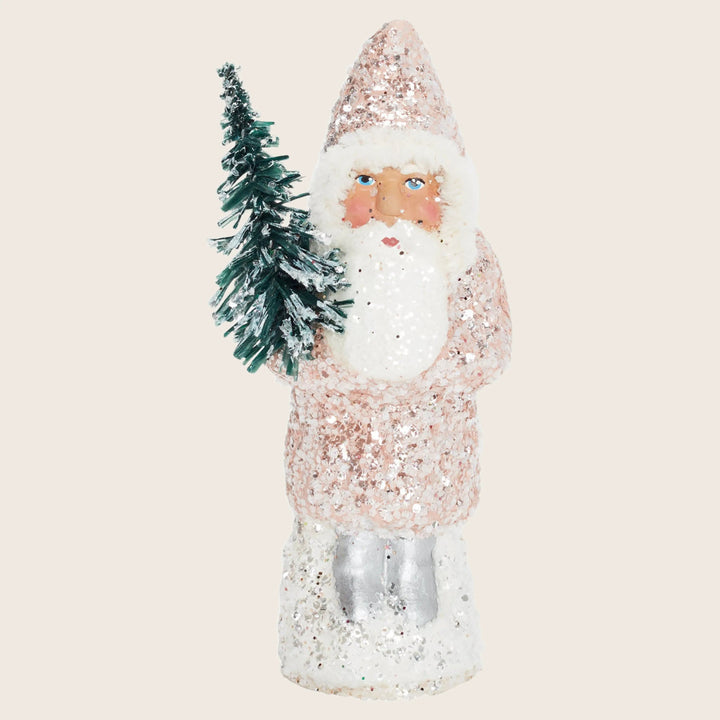 Vintage Father Christmas figurine with glittered robe and friendly expression.