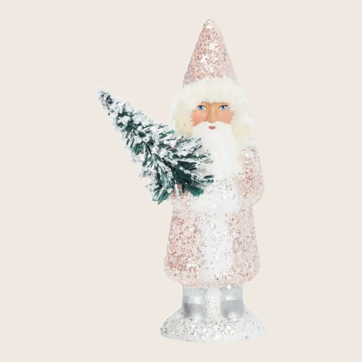 Vintage Santa Claus Christmas figure covered in glittering snow decor.