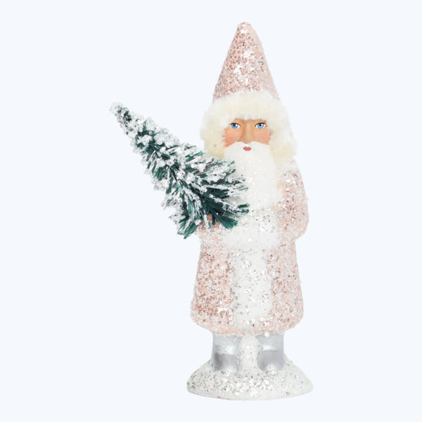 Vintage Santa Claus Christmas figure covered in glittering snow decor.