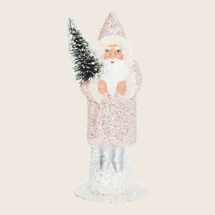 Whimsical Santa Claus ornament with pink hat and glitter accents.