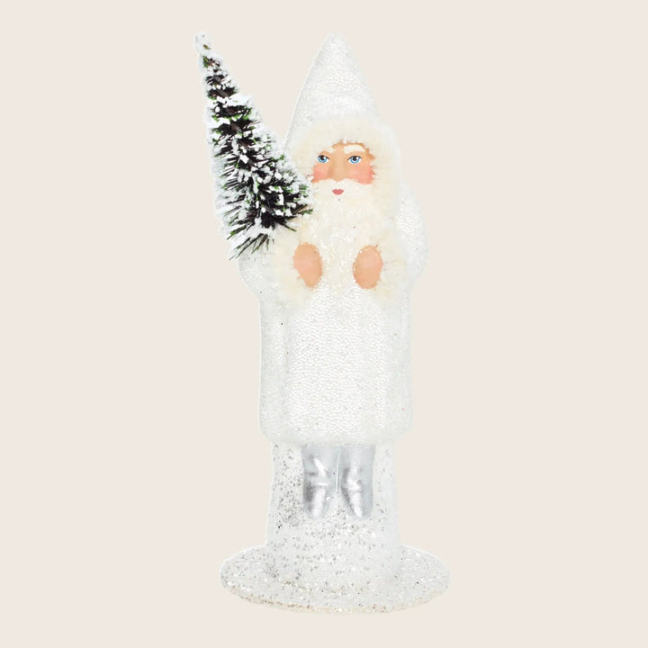 Sparkling Santa Claus figurine holding snowy pine tree for display