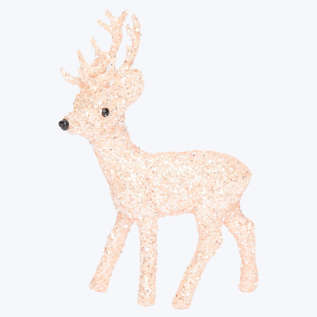 Festive glitter-covered deer figure with shimmering texture for Christmas decor.