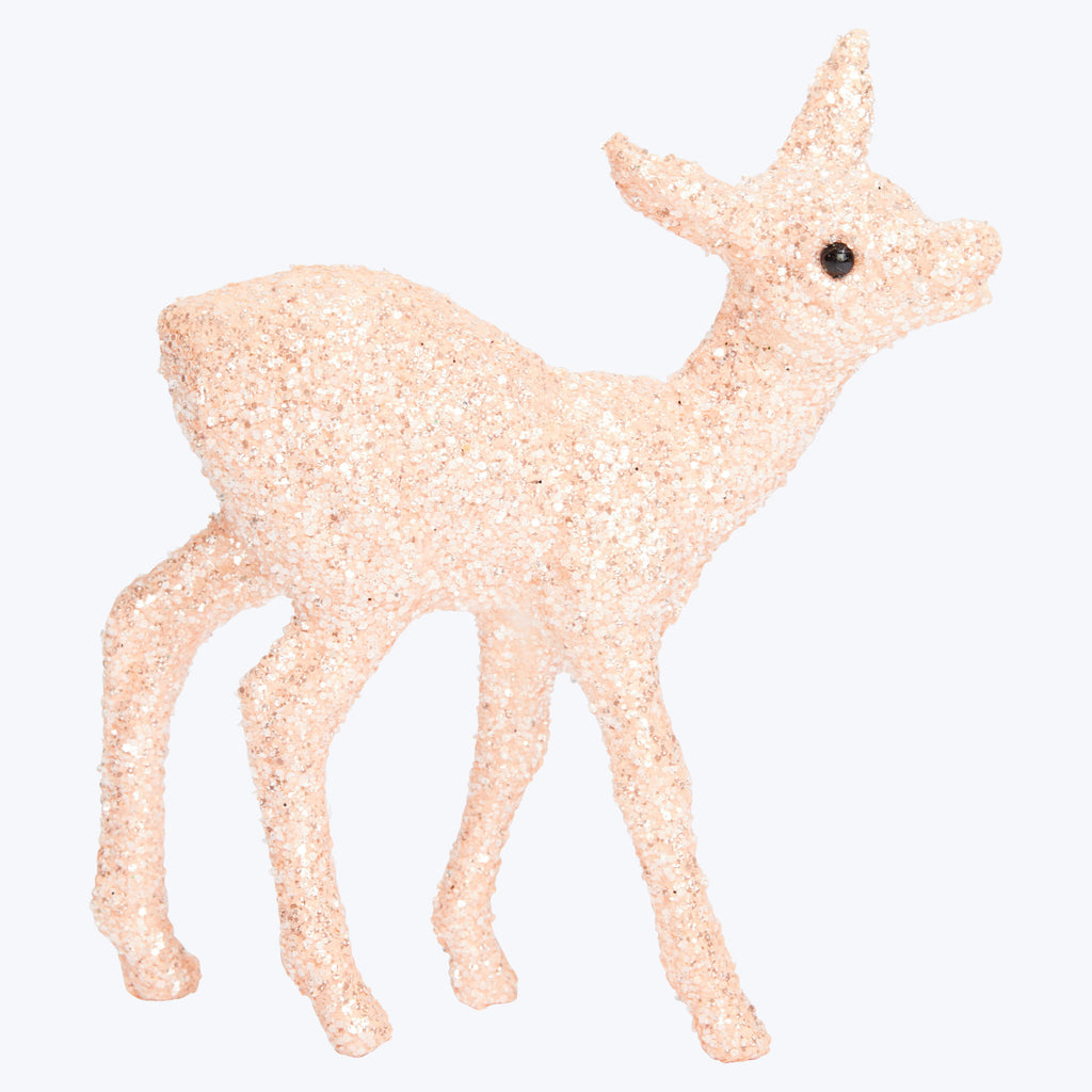 Glittery deer decoration adds festive charm with shimmering elegance.