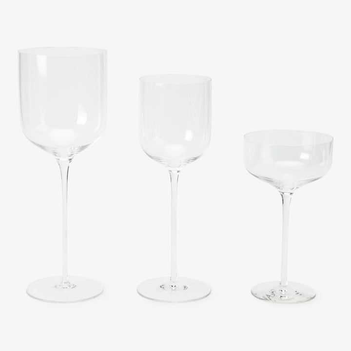 Three empty wine glasses of different shapes and sizes displayed.