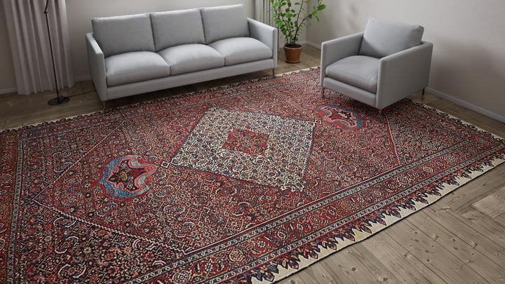 Red Antique Bidjar Wool Persian Rug - 9'2" x 14'5"