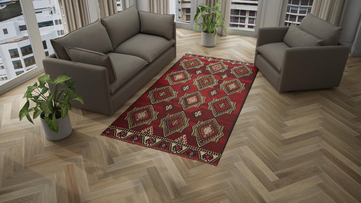 Red Vintage Traditional Turkish Wool Rug - 5'7" x 10'